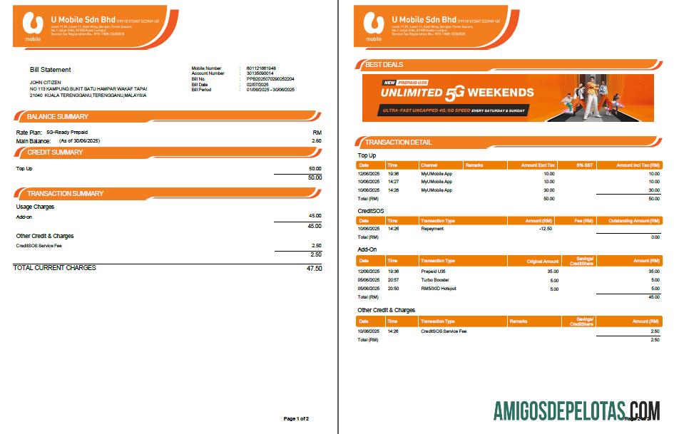 Para baixar modelo de conta de serviços públicos móveis da Malásia U em formatos Word e PDF, 2 páginas, versão 2